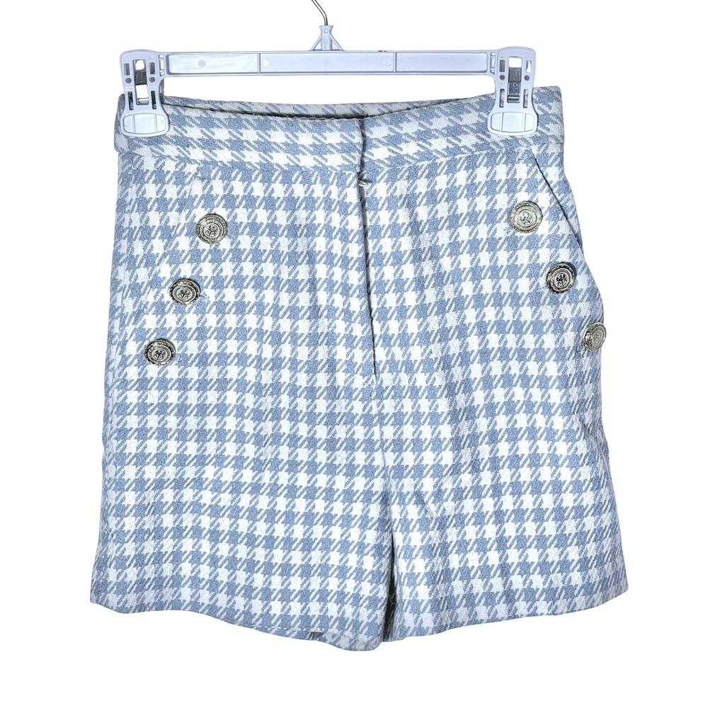 Zara Blue White Houndstooth High Waisted Shorts Gold Button XS - Picture 2 of 5